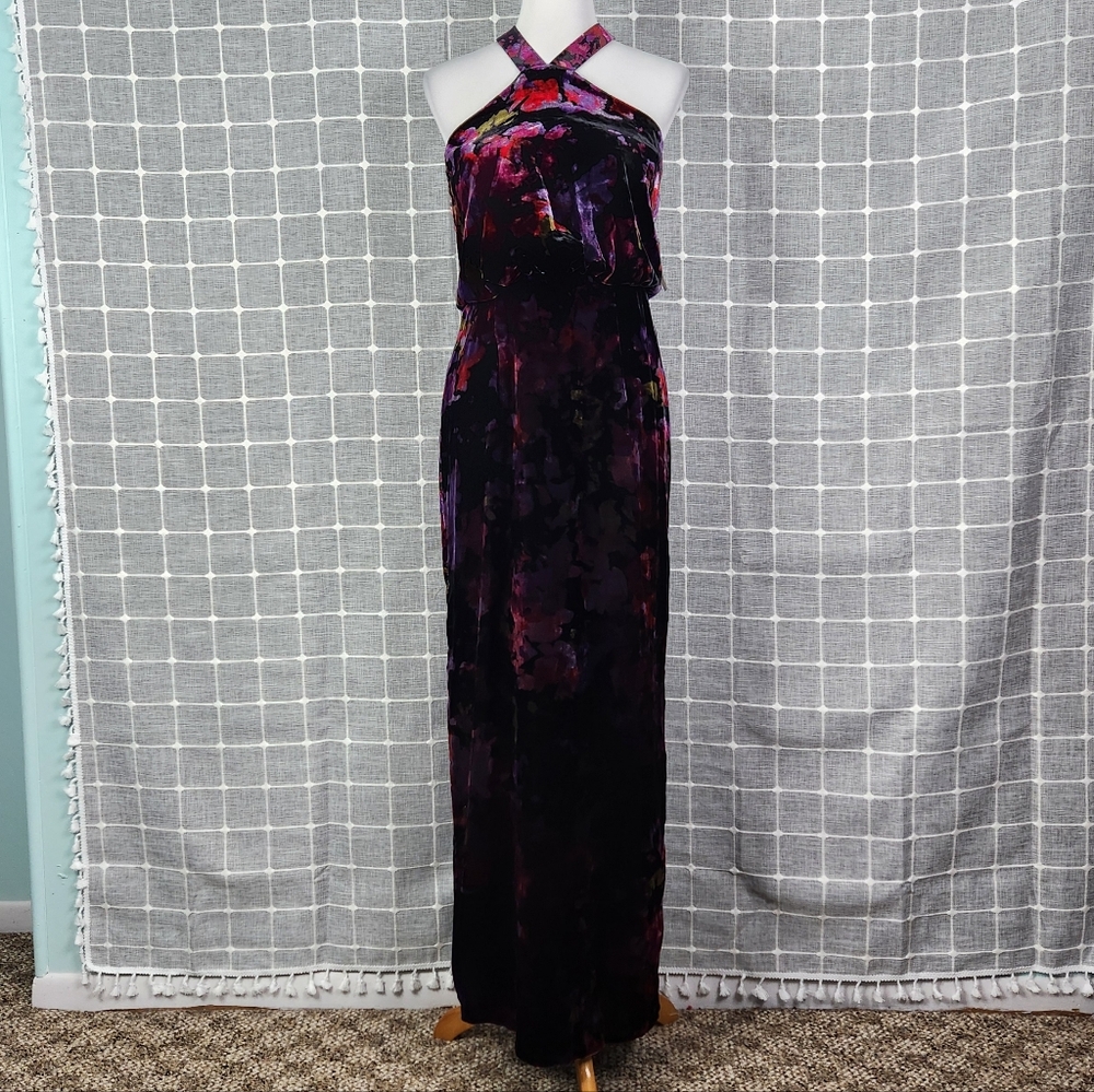 Aidan Mattox Floral Velvet Halter Gown - Picture 3 of 9